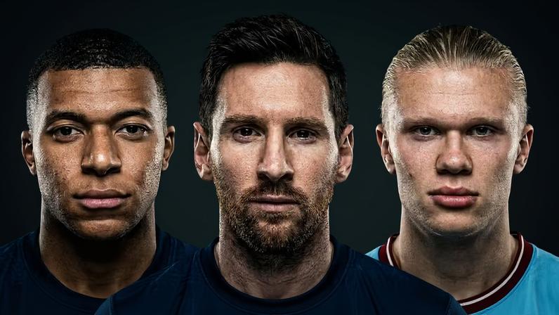 Lionel Messi, Kylian Mbappé e Erling Haaland voltam ao campo nesta segunda-feira (22) — Foto: Imagem produzida com auxílio de IA