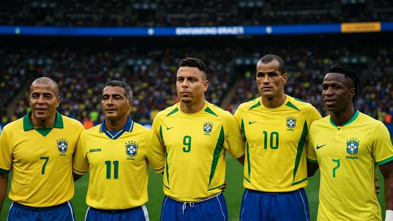 Além de Vini Jr. em 2026, Jairzinho (1970), Romário (1994), e Ronaldo e Rivaldo (2002) marcaram em todos jogos da fase de grupos — Foto: Imagem produzida com auxílio de IA