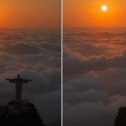 Fotógrafo registra Cristo Redentor em tapete de nuvens no Rio ao amanhecer