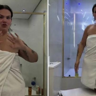Thais Carla posa com toalha após perder 100 kg e comemora