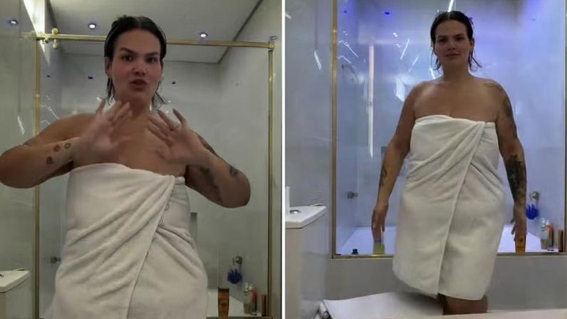 Thais Carla posa de toalha e comemora: 'Antigamente, não fechava' — Foto: Reprodução/ Divulgação