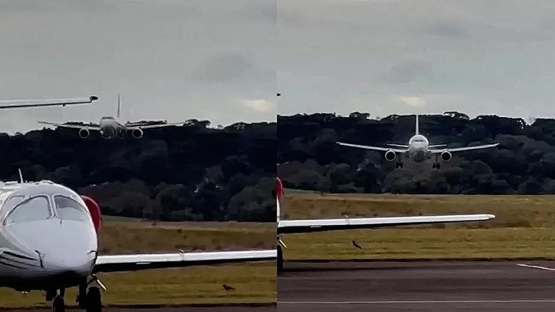 Avião desce de lado após ventos fortes em aeroporto
