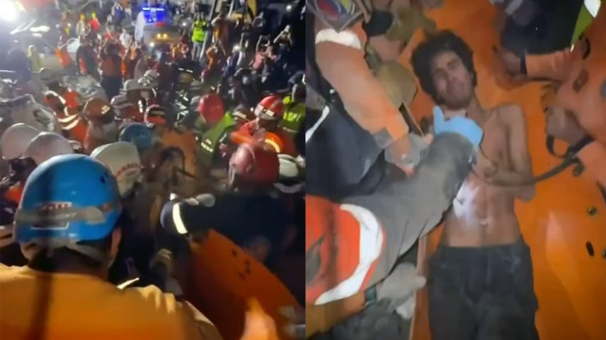 Homem sendo resgatado após 106 horas preso em escombros na Venezuela.