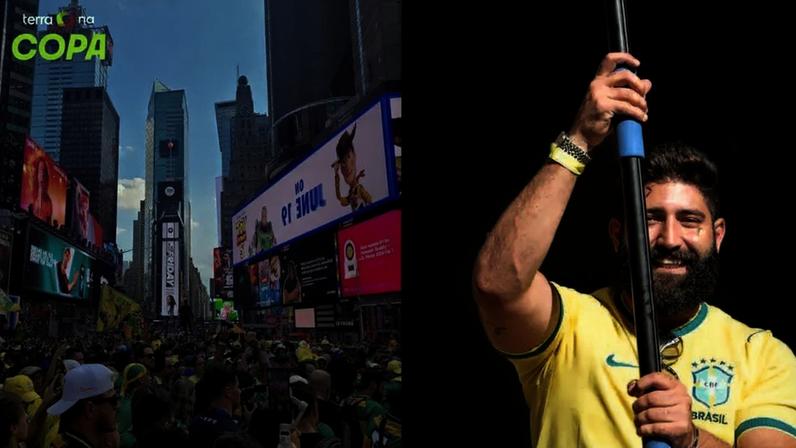 Brasileiros fecham Times Square com bandeiraço antes da estreia da seleção