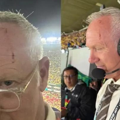 Comentarista sofre corte na cabeça após garrafa atingir ao vivo na Copa