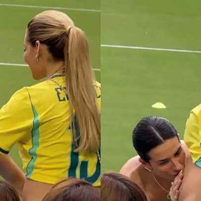 Esposa de Paquetá beija barriga da esposa de Endrick