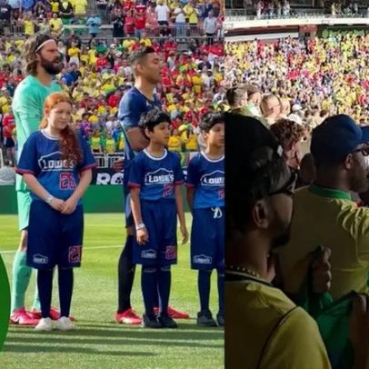 Torcida brasileira em Cleveland mantém coro do Hino após banda parar de tocar