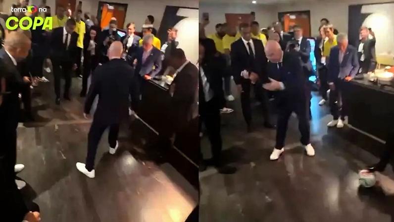 Cafu, Kaká e Roberto Carlos divertem Infantino em roda de bobinho