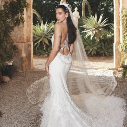 Vestido de noiva de Dua Lipa: 480 mil miçangas e mil horas de trabalho
