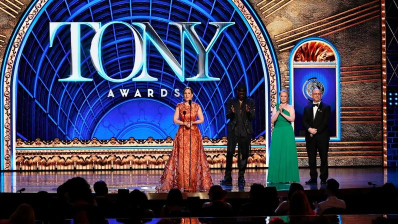 NEW YORK, NEW YORK - JUNE 08: (L-R) Kristin Caskey, The Broadway League Chair, Emilio Sosa, American Theatre Wing Chair, Heather Hitchens, American Theatre Wing President & CEO, and Jason Laks, The Broadway League President, speak onstage during The 78th Annual Tony Awards at Radio City Music Hall on June 08, 2025 in New York City. (Photo by Theo Wargo/Getty Images for Tony Awards Productions)