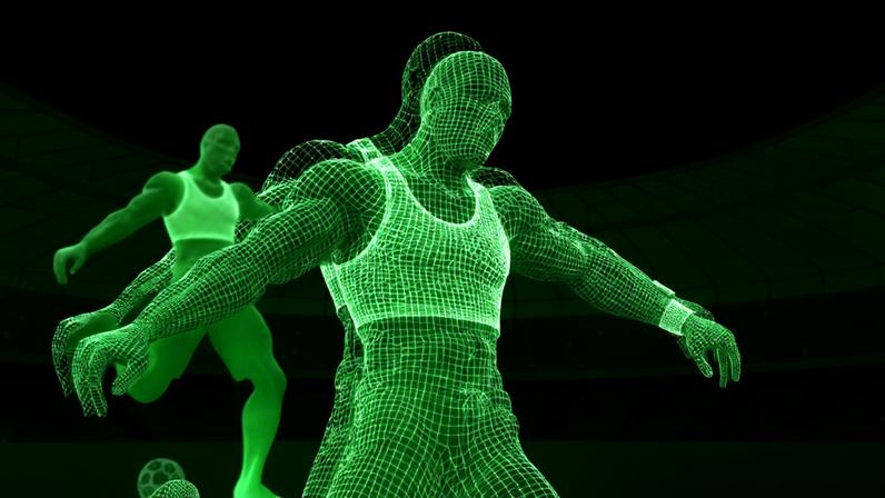 Ilustração em verde e preto mostra holográfico de jogador de futebol com top específico para atletas de alto rendimento. Metrópoles