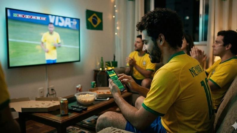 Os articulistas afirmam que no momento em que o Brasil tem mercado regulado, o maior evento esportivo do planeta pode ser uma ferramenta poderosa para operadores ilegais; na imagem, torcedor assiste ao jogo e mexe no celular