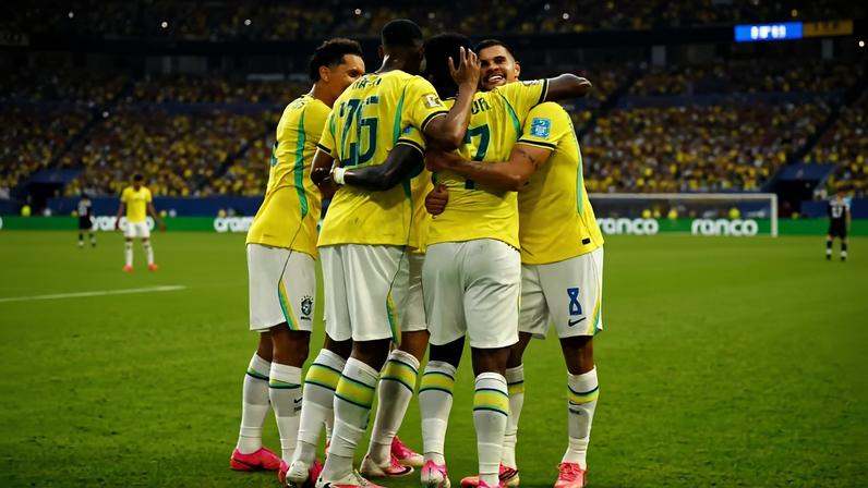 Jogadores da Seleção Brasileira comemoram gol contra a Escócia (Foto: CHANDAN KHANNA / AFP)
