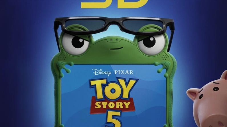 Na imagem, o cartaz de Toy Story 5; animação conta a história dos personagens Woody, Buzz, Jessie e outros brinquedos enfrentando uma nova ameaça depois que a dona deles ganha um tablet de presente dos pais