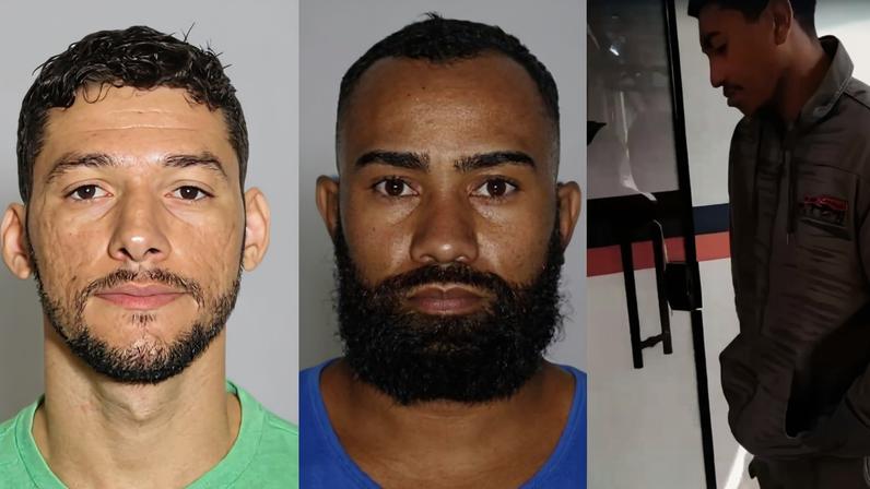 Montagem colorida de trio preso por morte de jovem arremessada sem corda em prática de rope jump, no interior de São Paulo.