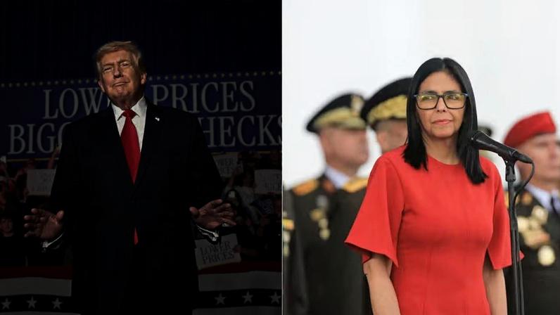 O presidente dos Estados Unidos, Donald Trump, e a presidente interina da Venezuela, Delcy Rodríguez — Foto: REUTERS/Kevin Lamarque / Wendys Olivo/Palácio Miraflores/Divulgação via REUTERS