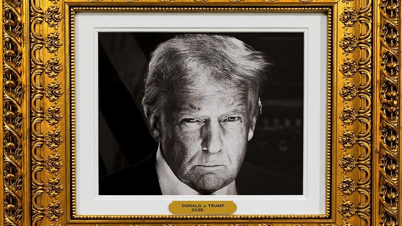 A portrait of Donald J. Trump in a gilded frame.