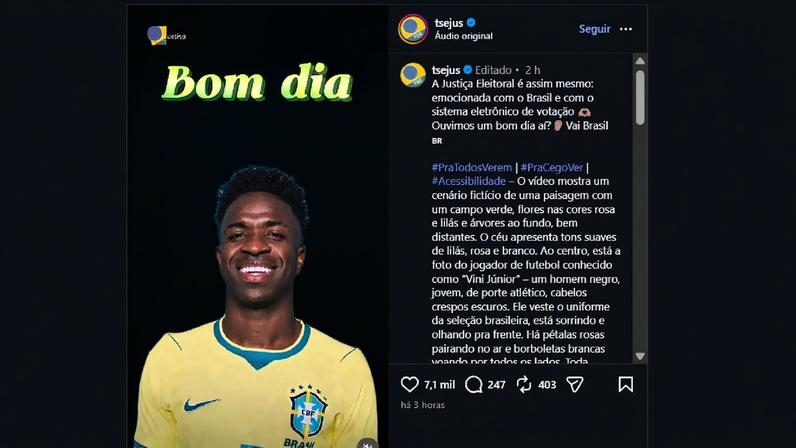 Com publicação usando foto do atacante Vini Jr., TSE compara Seleção Brasileira a sistema eleitoral: “seguro e eficiente”. (Foto: Reprodução / Instagram / @TSEjus)