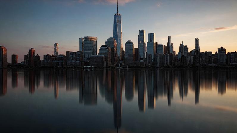 O skyline do sul de Manhattan observado de uma embarcação no Rio Hudson