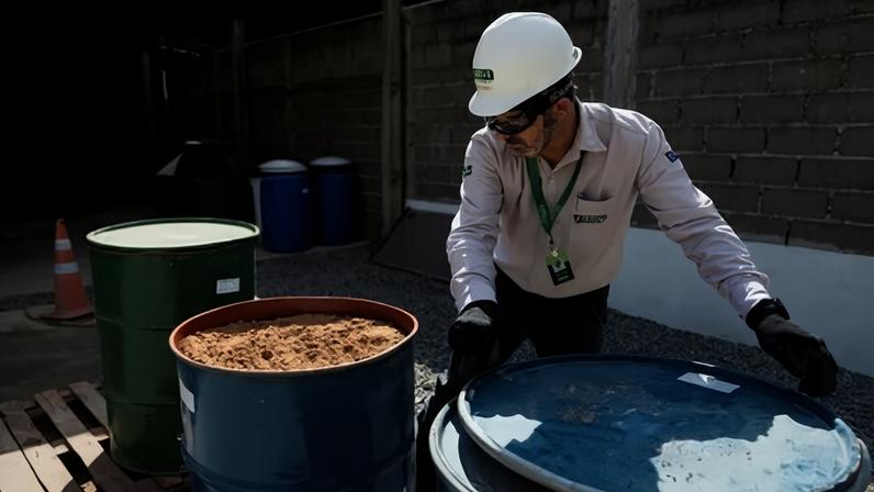 Recipiente com amostras de terras raras no centro de pesquisa e processamento de terras raras da empresa de mineração australiana Viridis Mining and Minerals