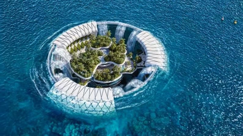 O projeto conceitual cria uma espécie de oásis flutuante em meio ao oceano, com vegetação tropical e infraestrutura energética
