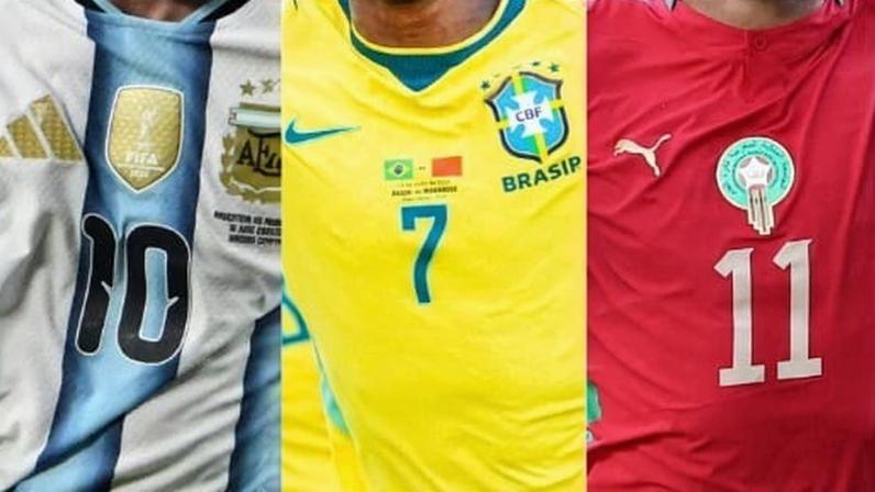 Camisas da Argentina, Brasil e Marrocos. (Foto: ROBERTO SCHMIDT / AFP / Richard Callis /Fotoarena/Folhapress / Dan Mullan/AFP)