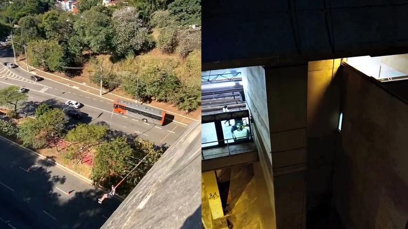 Captura de tela de imagens de clientes fazendo rapel e rope jump no Viaduto Sumaré, em SP