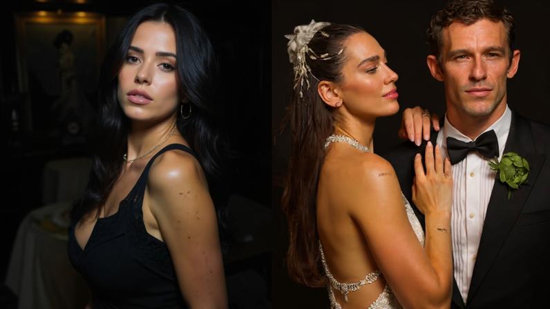 A influenciadora Victoria Villarroel e o casal Dua Lipa e Callum Turner em uma das suas cerimônias de casamento — Foto: Instagram