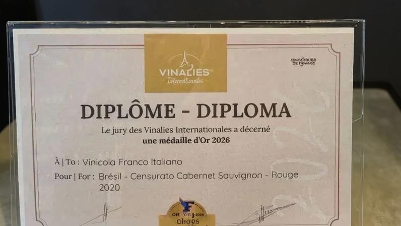 Rótulos da Vinícola Franco Italiano, de Colombo, conquistaram duas medalhas de ouro no Vinalies Internationales 2026, realizado em Cannes, na França. (Foto: Divulgação/Vinícola Franco Italiano)