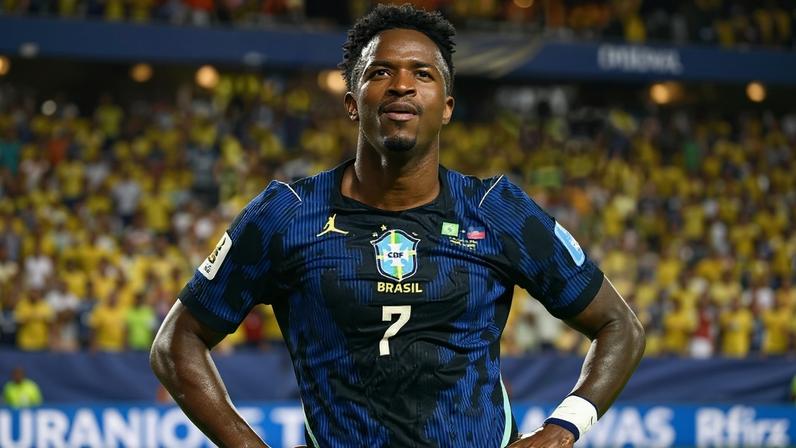 Vini Jr comemora gol do Brasil sobre o Haiti em partida da Copa do Mundo