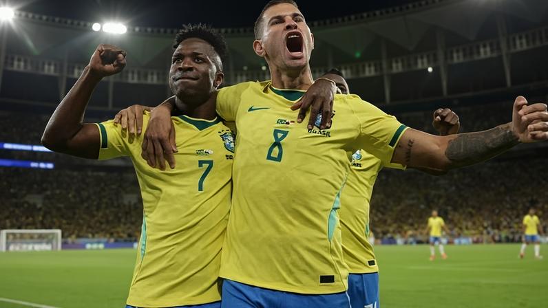 Vinícius Jr. e Bruno Guimarães comemoram gol do Brasil contra o Panamá