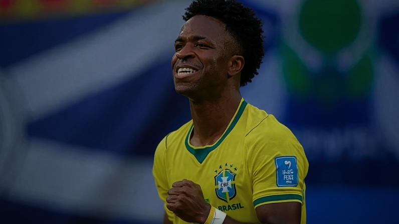 Vini Júnior comemora seu gol na vitória do Brasil sobre a Escócia na Copa do Mundo de 2026.