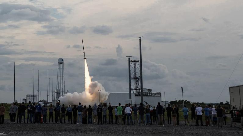 Students watch as their experiments launch aboard a sounding rocket for the RockSat-X program from NASA’s Wallops Flight Facility Aug. 11, 2022, at 6:09 p.m. EDT. The Terrier-Improved Malemute rocket carried the experiments to an altitude of 99 miles before descending via a parachute and landing in the Atlantic Ocean.