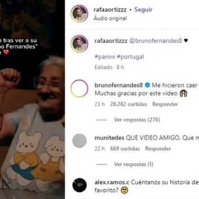 Bruno Fernandes emociona-se ao ver idosa com sua figurinha da Copa
