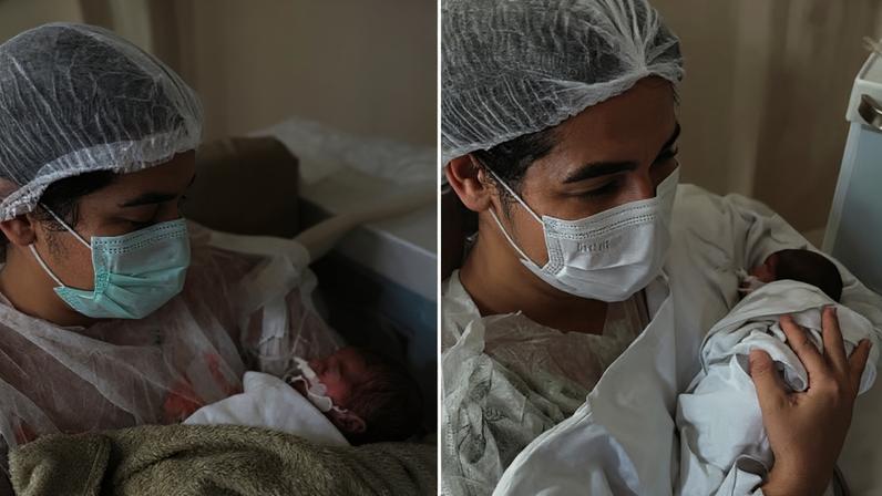 À esquerda, Anderlândia segurando a Cecília pela primeira vez, no dia 1 de abril e à direita segurando a Celina pela primeira vez, no dia 15 de março — Foto: Arquivo Pessoal
