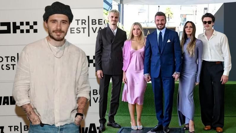 (Esquerda) Brooklyn Beckham no Festival de Tribeca, em Nova York; (Direita) David Beckham com a esposa Victoria e os filhos Romeo, Harper e Cruz