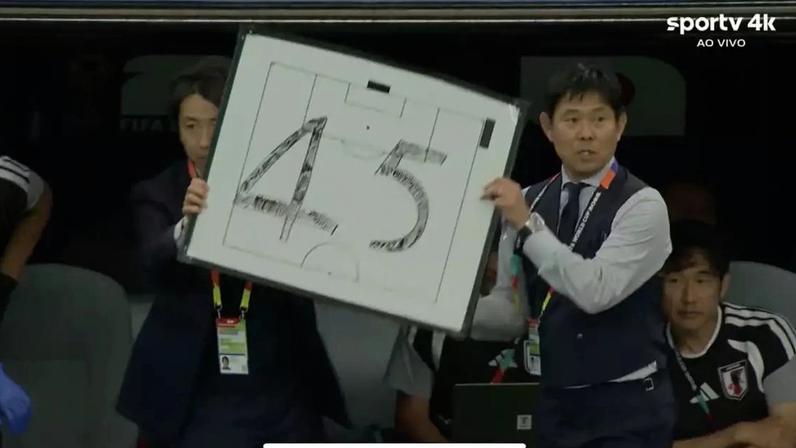 Técnico do Japão mostra placa com o tempo de jogo