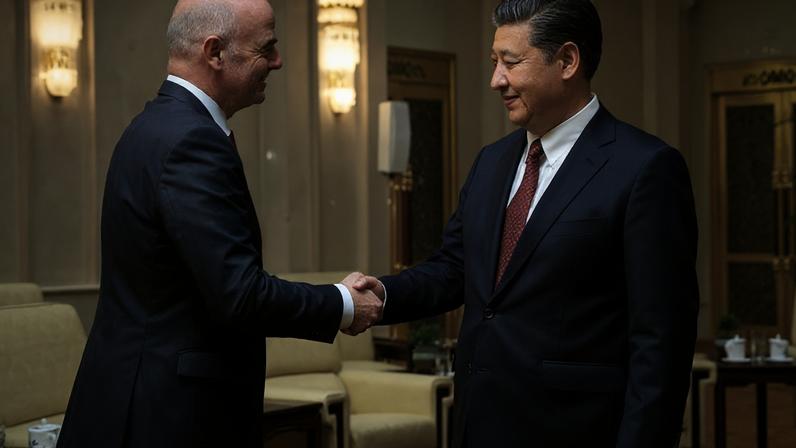 Na imagem, o presidente da Fifa, Gianni Infantino, com o presidente da China, Xi Jinping, durante encontro em Pequim em junho de 2017
