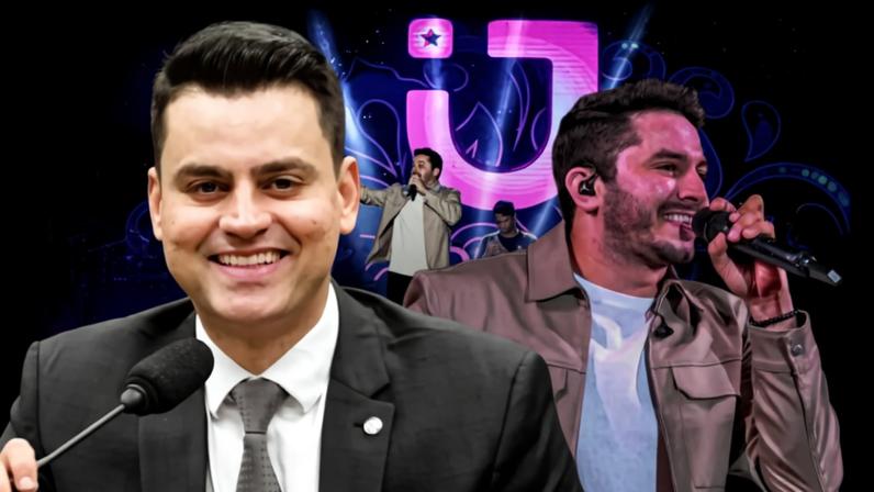 Imagem colorida mostra o cantor de forró Jonas Esticado durante show e o deputado federal Yury do Paredão| Metrópoles