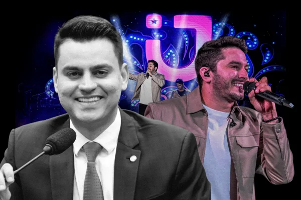 Imagem colorida mostra o cantor de forró Jonas Esticado durante show e o deputado federal Yury do Paredão| Metrópoles