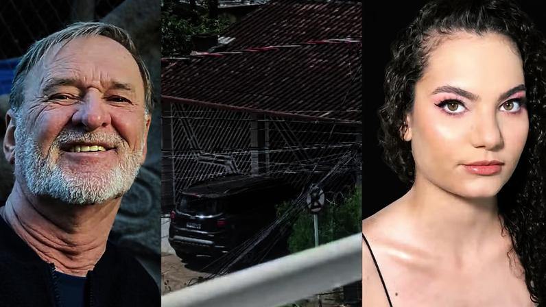 Vítima Odair Brustolin, de 68 anos, o momento da invasão da casa e atropelamento e Vitória Caroline Marangoni Schneider, de 29 anos. — Foto: Arquivo pessoal e print da tela