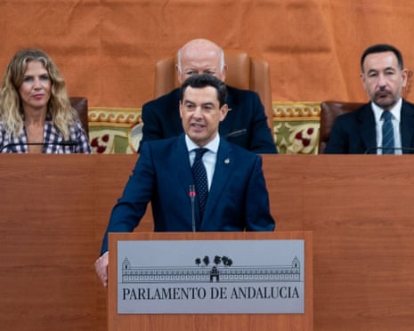 Andalucía’s president, Juan Manuel Moreno Bonilla, speaks at the first session of his investiture debate in Seville last month.