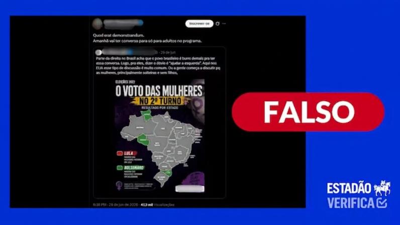 Mapa que mostra como mulheres votaram por Estado nas eleições de 2022 é falso