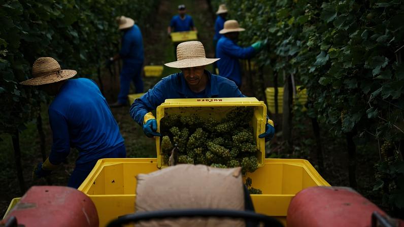 A imagem mostra trabalhadores em um vinhedo durante a colheita de uvas. Eles estão usando camisetas azuis e chapéus de palha. Um dos trabalhadores está despejando uvas verdes em uma caixa amarela, enquanto outros estão ao fundo, também colhendo uvas. O ambiente é cercado por fileiras de videiras.