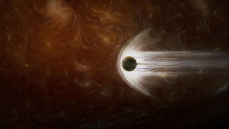 Ilustração de uma estrela gigante vermelha engolindo um planeta: Terra deverá ser destruída neste processo, mas planetas gigantes gasosos mais afastados, como Júpiter e Saturno, podem sobreviver e até "migrar" para regiões mais interiores do Sistema Solar. James Gitlin/STScI AVL, CC BY
