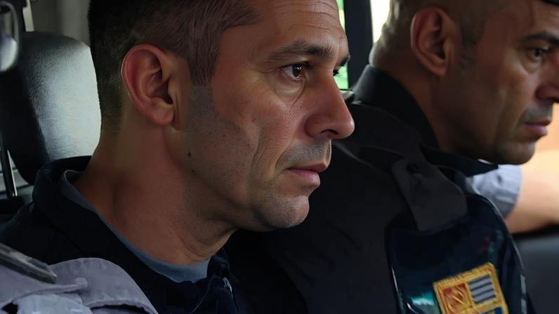 Homem de perfil sentado entre dois policiais dentro de um veículo. Os policiais vestem uniformes escuros com distintivos visíveis no ombro.