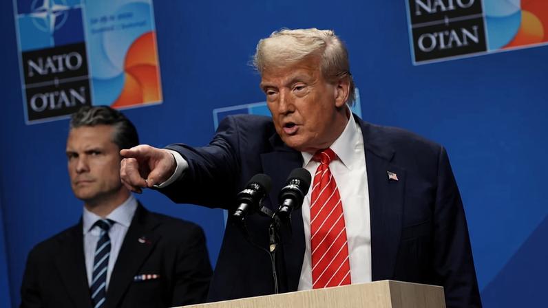 O presidente dos Estados Unidos, Donald Trump, participa de entrevista após a cúpula da Otan, em Haia, em 25 de junho de 2025