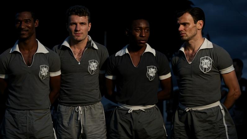 Didi, ao fundo, com as mãos na cintura, marca gol com sua famosa folha seca; Brasil bateu o México por 5 a 0 na Copa de 1954, na Suíça - 16.jun.54/Acervo UH / Folhapress