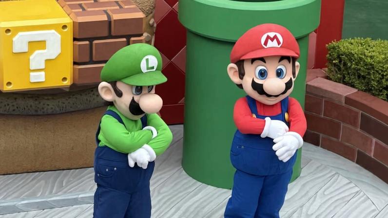 Estátuas dos personagens Mario e Luigi em pé com braços cruzados em cenário inspirado no jogo Super Mario, com bloco amarelo de interrogação, cano verde e parede quadriculada vermelha ao fundo.