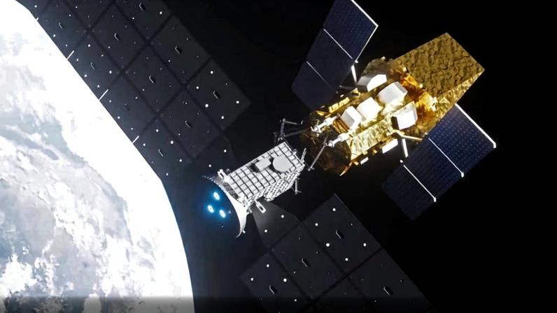 Concepção artística do Observatório Neil Gehrels Swift sendo transportado para uma órbita mais alta sobre a Terra pela espaçonave Link